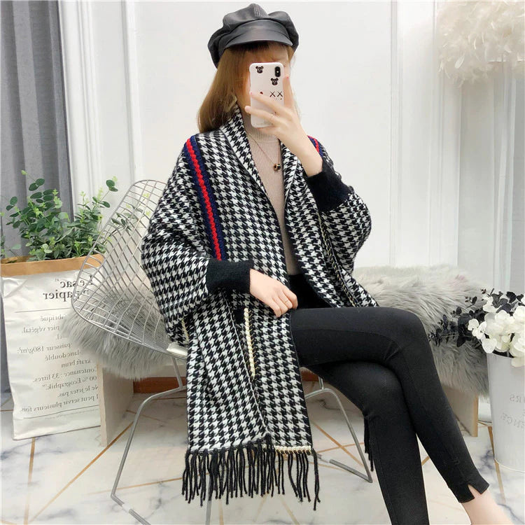 James Checkers Striped Shawl Poncho with Arm Holes And Pocket